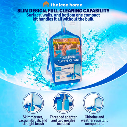 Slim Pool Cleaning Accessory Kit – Brustec Set with Leaf Skimmer with Reinforced Mesh, Weighted Vacuum Head & Wall Brush fo Vinyl, Fiberglass, Concrete Pools, In-Ground & Above Ground, Hot Tub/Spa, Fits Standard Poles & Hoses