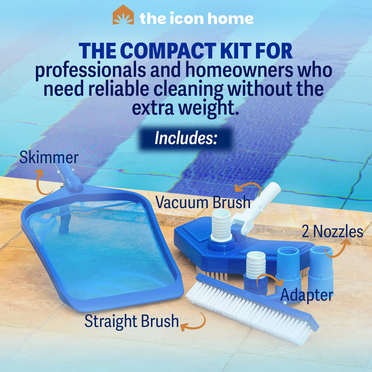 Slim Pool Cleaning Accessory Kit – Brustec Set with Leaf Skimmer with Reinforced Mesh, Weighted Vacuum Head & Wall Brush fo Vinyl, Fiberglass, Concrete Pools, In-Ground & Above Ground, Hot Tub/Spa, Fits Standard Poles & Hoses