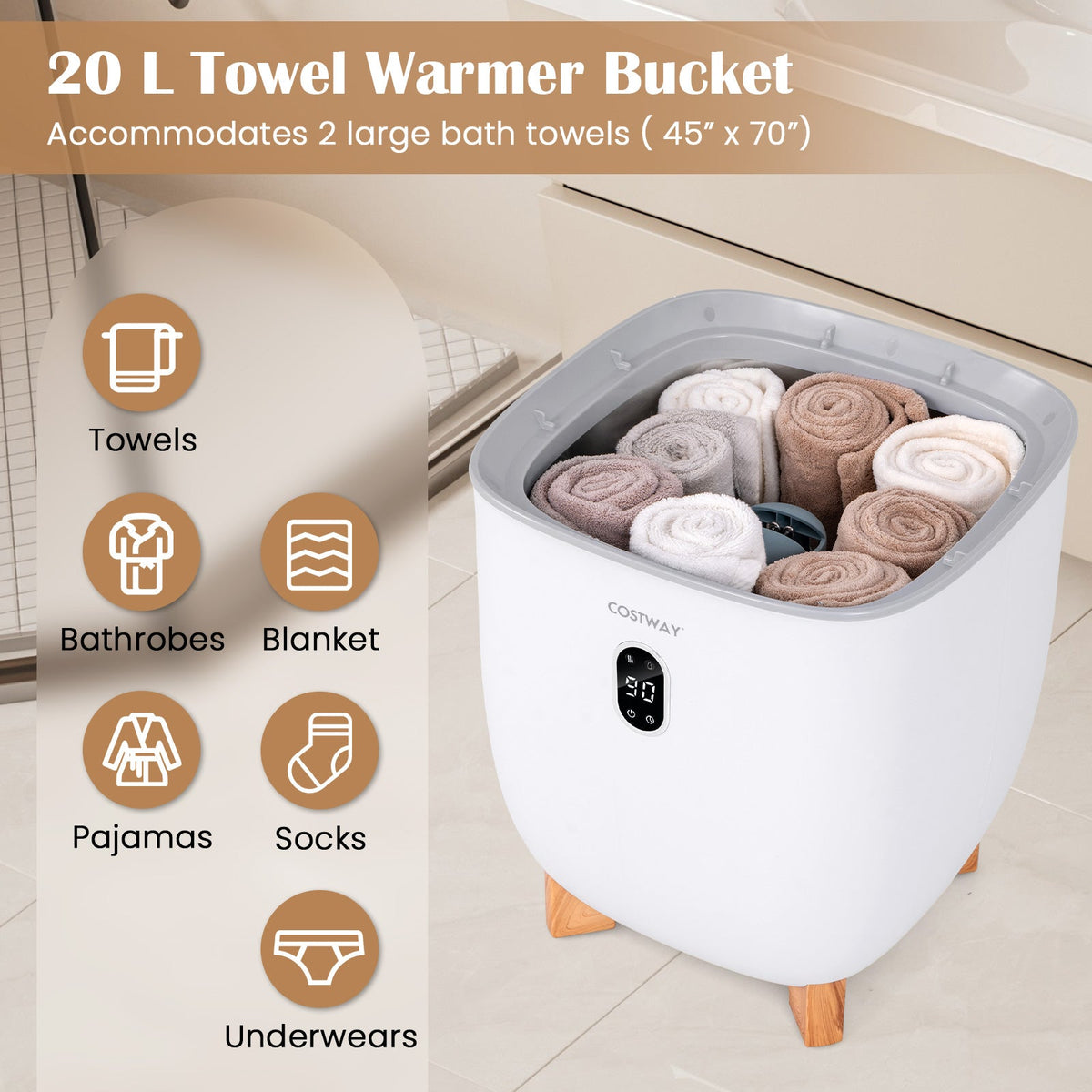 20L Towel Warmer Bucket with PTC Air Heater for Rapid and Even Heating-White