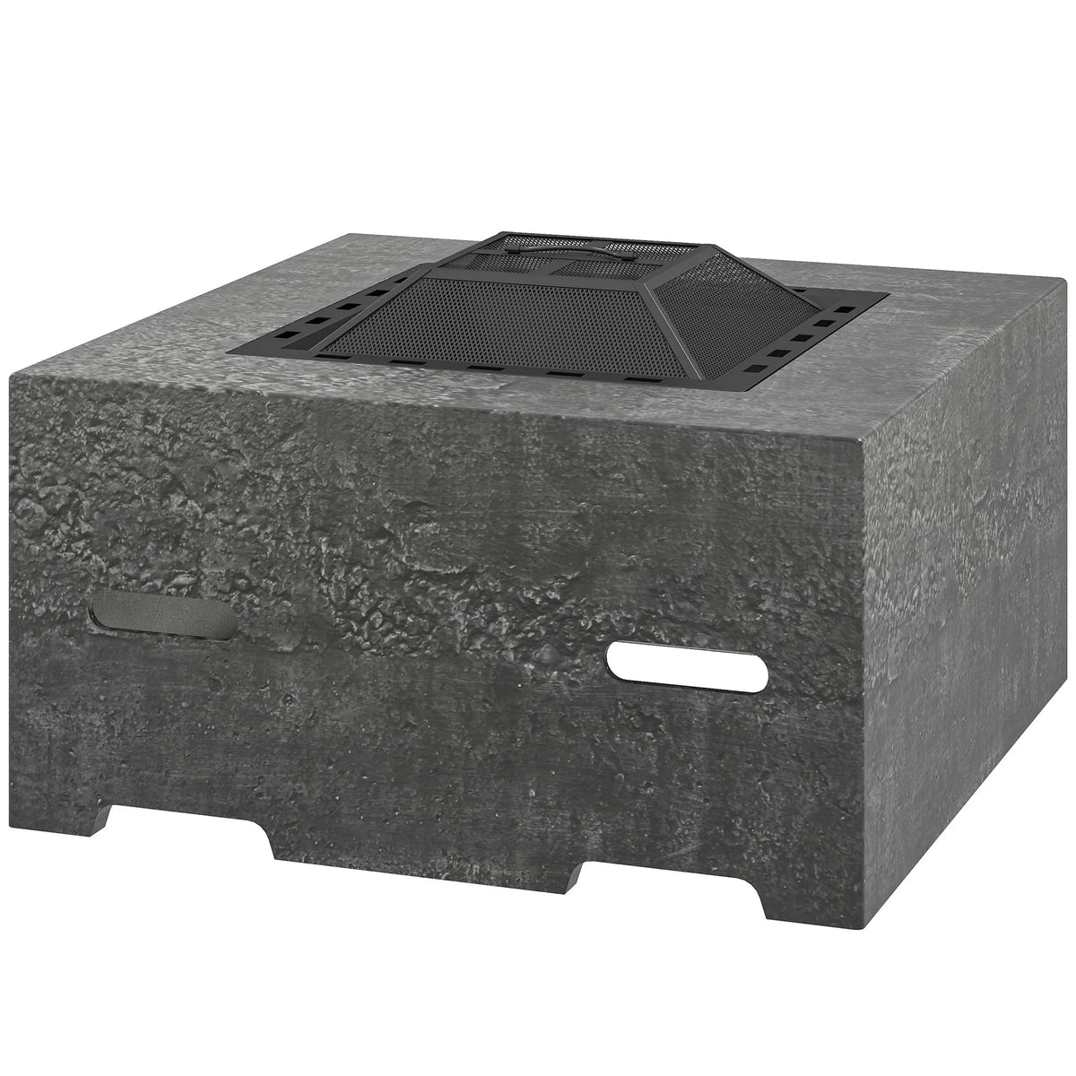 Stone-Texture Wood Burning Fire Pit with Mesh Lid & Poker — Charcoal Grey