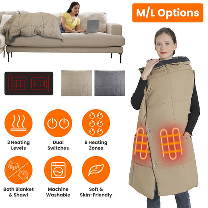 USB Heated Blanket Electric Heated Poncho Shawl Wrap Throw with Zipper Arm Holes Pocket 3 Heating Levels 6 Zones Dual Switch 5V/2A Machine Washable fo
