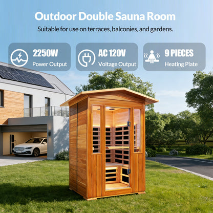 Outdoor Double Red Cedar Far Infrared Sauna Room with Bluetooth and Ambient Light - Natural