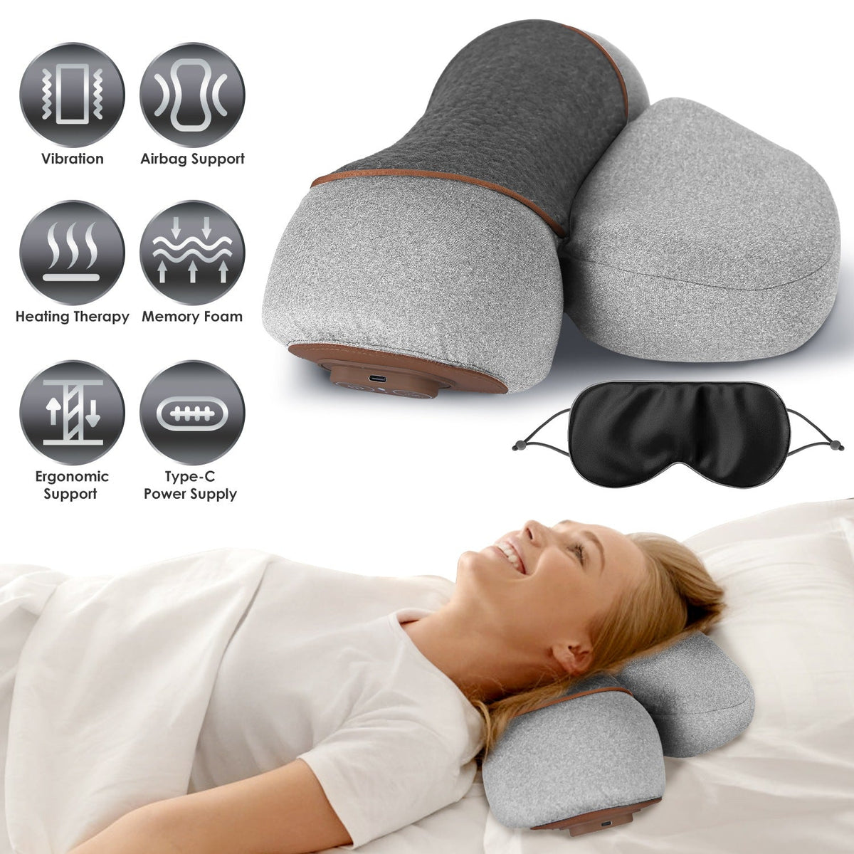 3 In 1 Neck Massager Pillow With Vibration Heating Therapy Airbag Stretching Memory Foam Fillings Ergonomic Cervical Massager With Portable Storage Ba