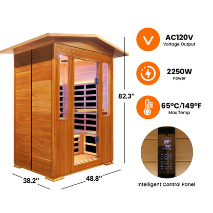 Outdoor Double Red Cedar Far Infrared Sauna Room with Bluetooth and Ambient Light - Natural