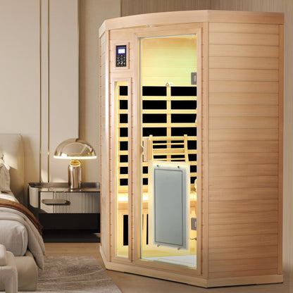 Hemlock Wood Far Infrared Two Person Sauna Room with Low EMF & Bluetooth - Natural Wood