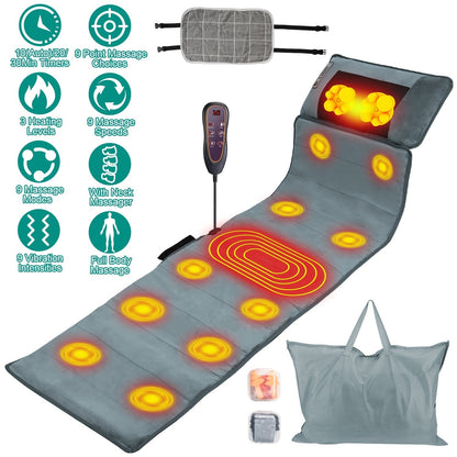 Full Body Electric Massage Mat – Heated, 10-Motor Vibration, Neck Pillow