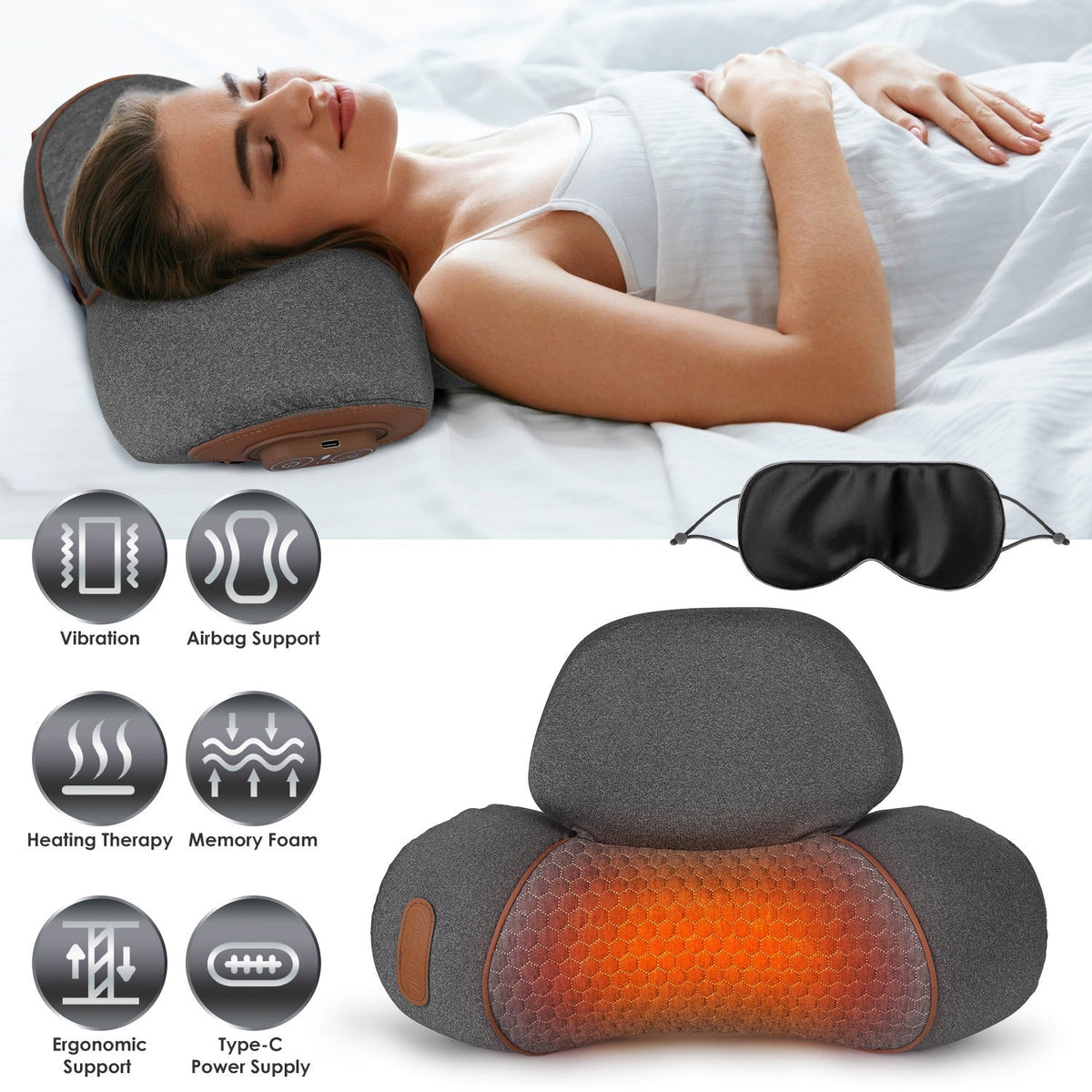 3 In 1 Neck Massager Pillow With Vibration Heating Therapy Airbag Stretching Memory Foam Fillings Ergonomic Cervical Massager With Portable Storage Ba