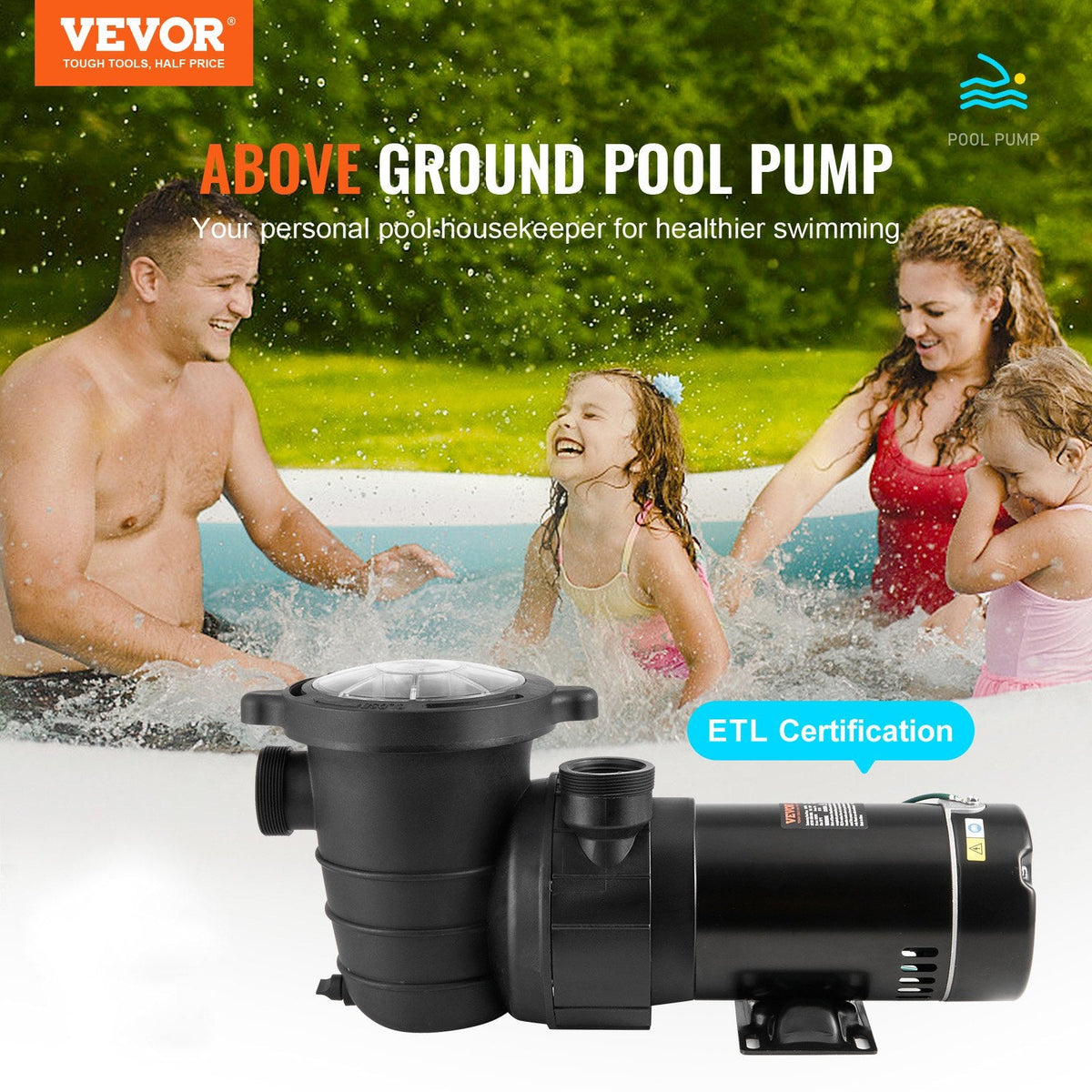Above Ground Pool Pump, 1HP, 80 GPM Max. Flow Single Speed Swimming Pool Pump, 120V 3450 RPM 36 Ft Max. Head Lift Pool Pump With Filter Basket, For Above Ground Pools Hot Tubs Spas
