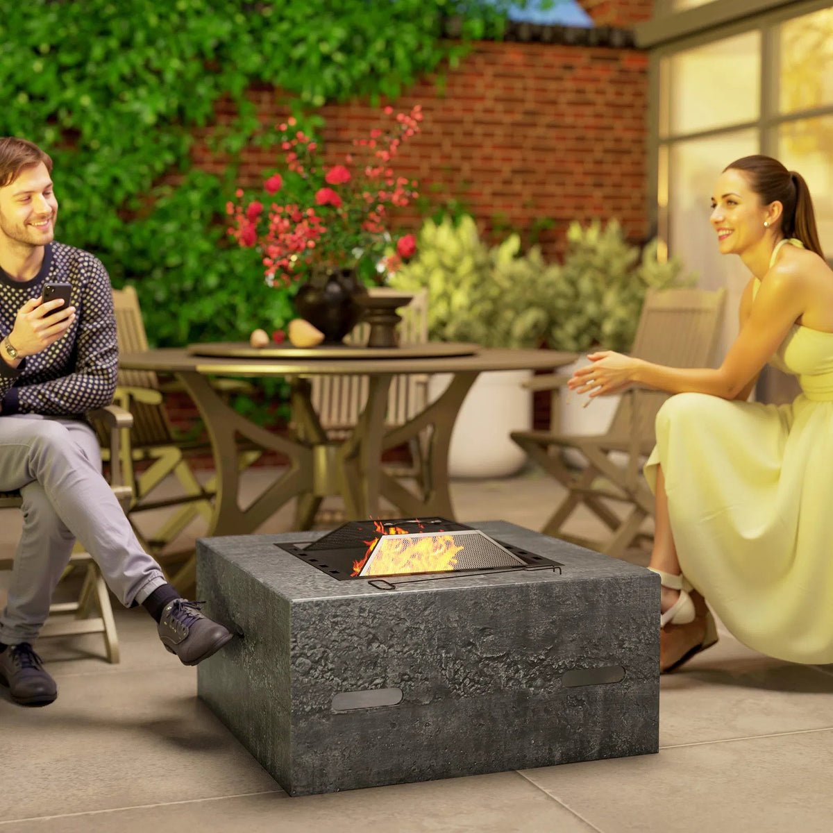 Stone-Texture Wood Burning Fire Pit with Mesh Lid & Poker — Charcoal Grey