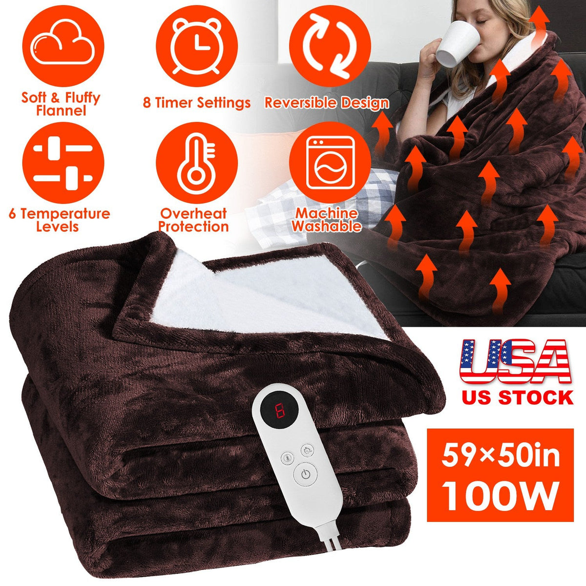 Electric Heated Flannel Throw Heated Blanket with 6 Heat Settings 1-8 Hours Auto off Washable for Home Office Usage 59x50in