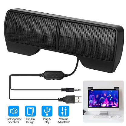 Clip-On Computer Sound Bar Portable USBÊStereo Mini Wired Speaker w/ Volume Control 3.5mm Jack For Desktop Computer Laptop Notebook PC Tablets Plug An