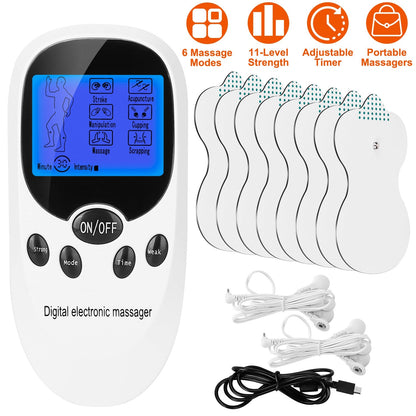 Electric Muscle Stimulator Dual Channels Pulse Massager Pain Relief Therapy Tens Device with Electrode Pads Wires