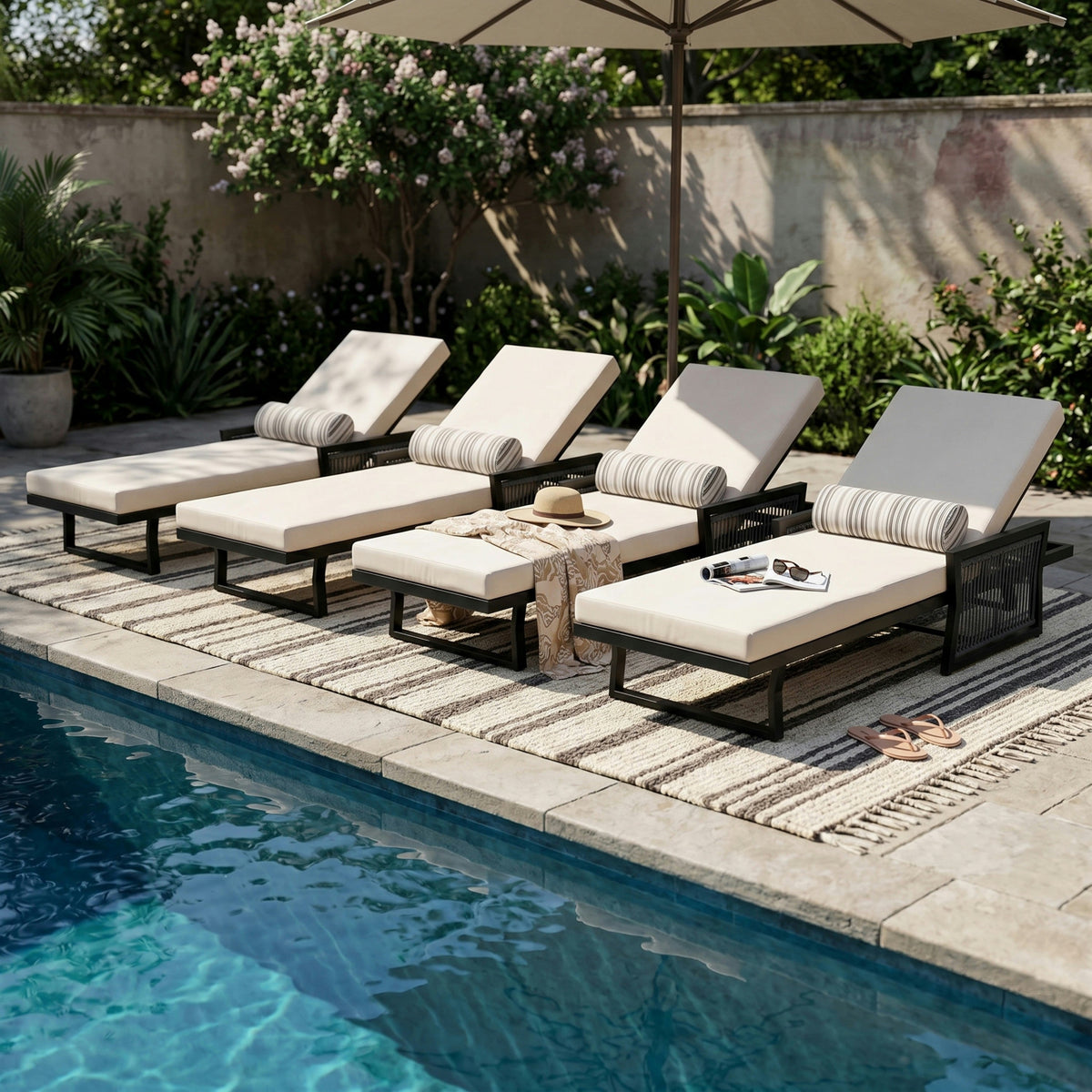 Black Iron Outdoor Chaise Lounge with Adjustable Backrest - Cream Cushion