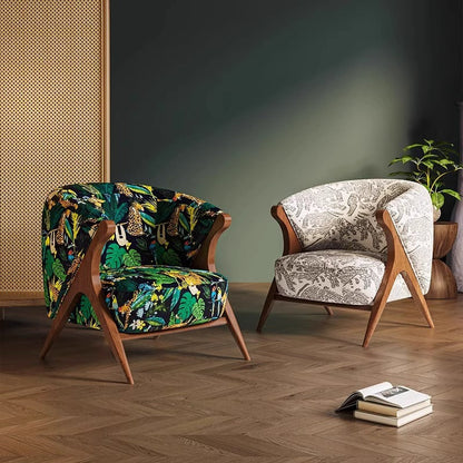 Barrel Back Lounge Chair — Patterned Fabric Accent Chair with Wood Frame