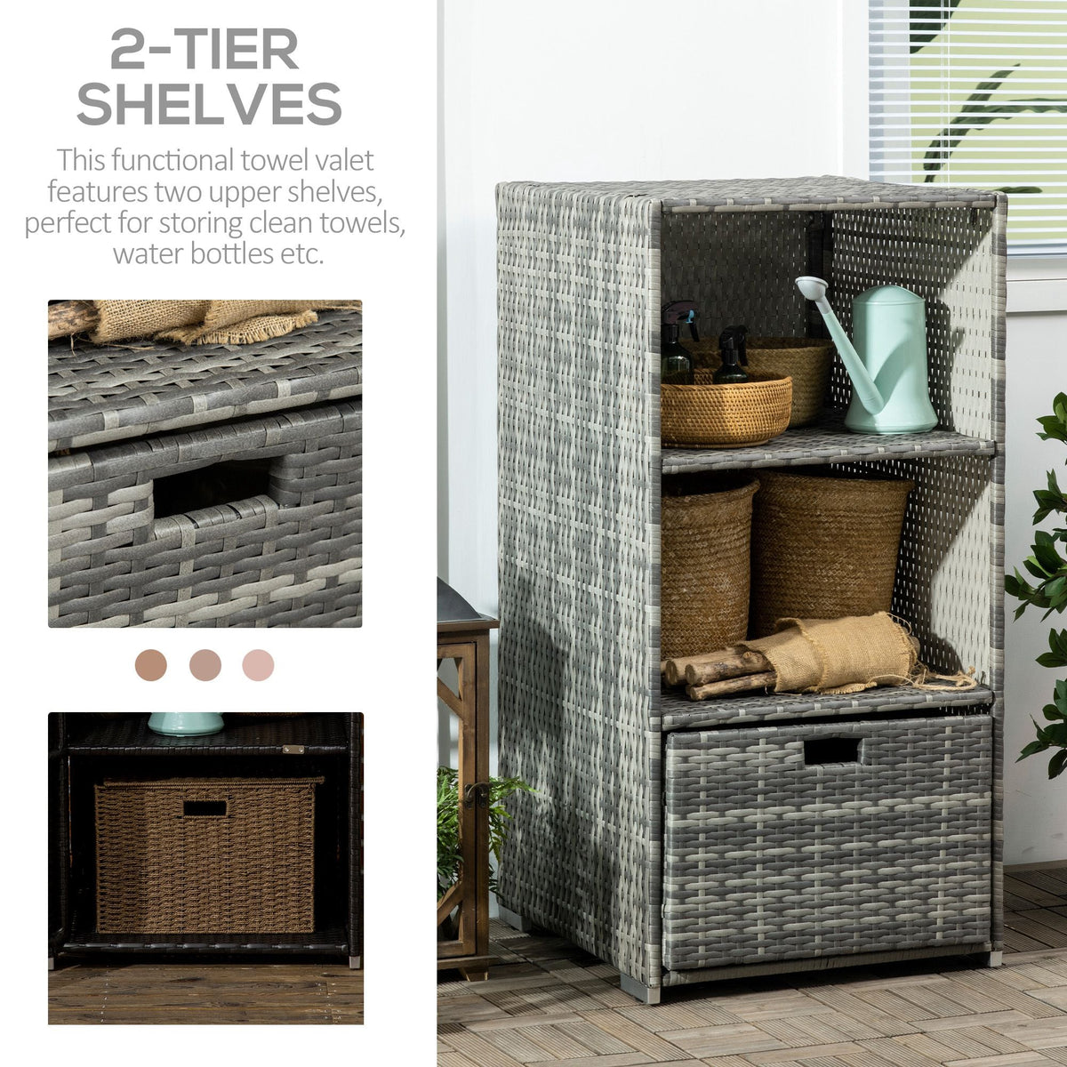 Valet Pool Towel Rack, Waterproof PE Plastic Rattan Wicker Storage Organizer, Indoor Outdoor Spa, And Hot Tub Accessory Storage, 2 Shelves, 1 Basket Drawer, Gray