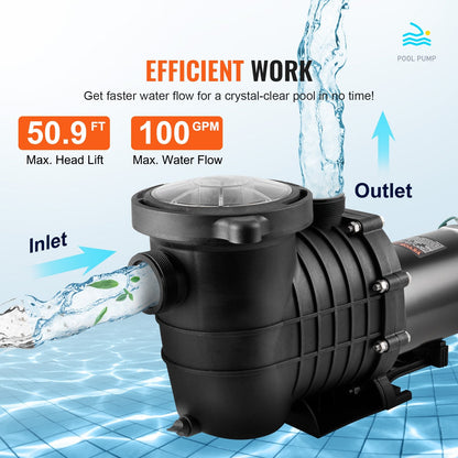 Above Ground Pool Pump, 1.5 HP, 100 GPM Single Speed Swimming Pool Pump, 110V/240V 3450 RPM 50.9 Ft Max Head Pool Pump With Filter Basket, For Above Ground Pools Hot Tubs Spas,Tested To UL Standards