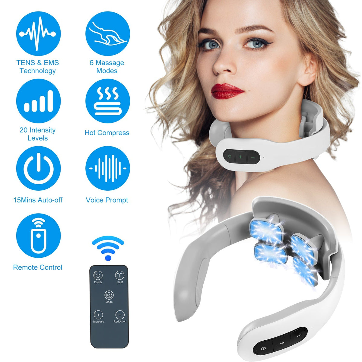 4 Head EMS Neck Massager with Heat Cordless Cervical Neck Massager EMS Neck Massager with 6 Modes 20 Intensity Levels Remote Control Voice Prompt
