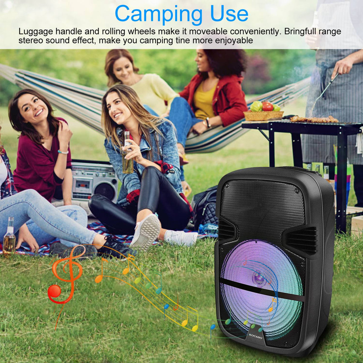 KOCASO Wireless Speaker Portable PA Karaoke System with 15" Subwoofer FM Radio Wired Microphone w/ DJ Lights Remote Control