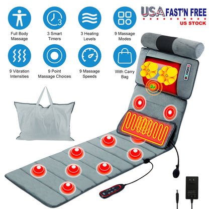 Full Body Electric Massage Mat with Heat Vibration Massage Pad Cushion Back Massage Mattress Chair Pad with Neck Massager Lumbar Pillow with 10 Vibrat
