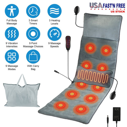 Full Body Electric Massage Mat with Heat Vibration Massage Pad Cushion Back Massage Mattress Chair Pad with Inflatable Head Pillow Lumbar Pillow with
