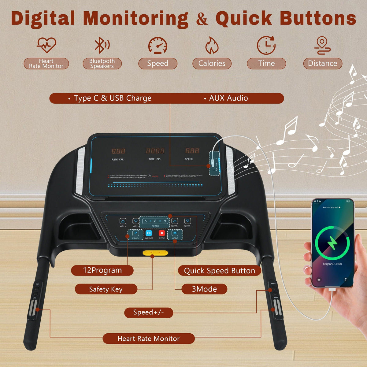 3.5Hp Hydraulic System Auto Foldable Treadmill with Incline - Black