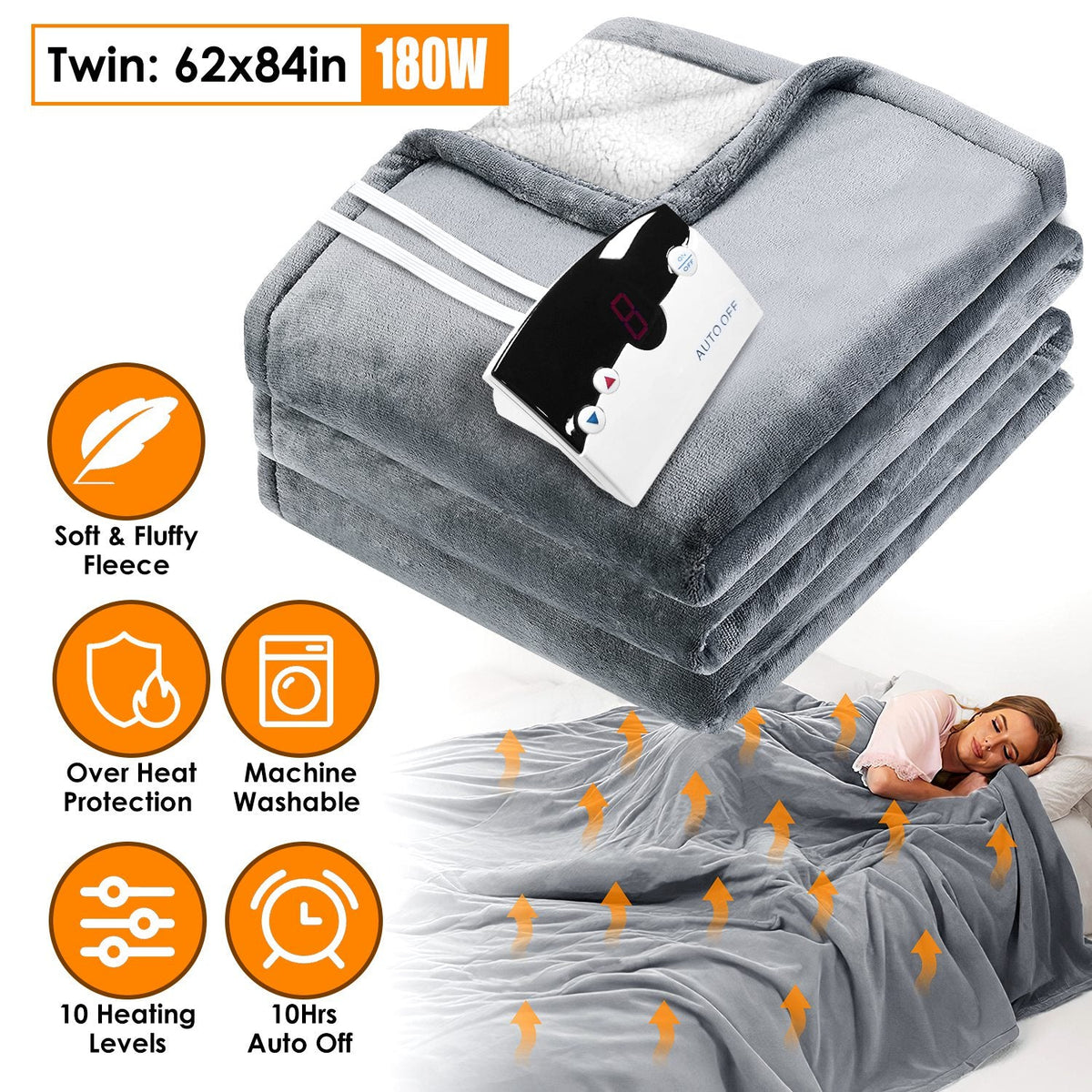 Electric Heated Twin Size Fleece Heated Blanket with 10 Heating Levels 10 Hours Auto Off Machine Washable for Home Office Usage 62x84in