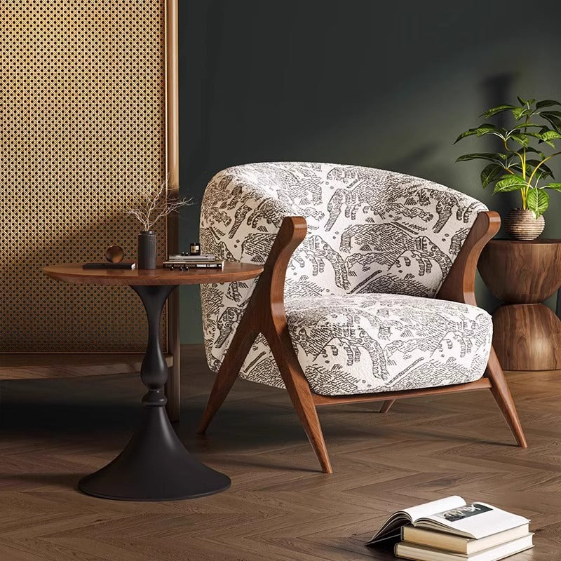 Barrel Back Lounge Chair — Patterned Fabric Accent Chair with Wood Frame