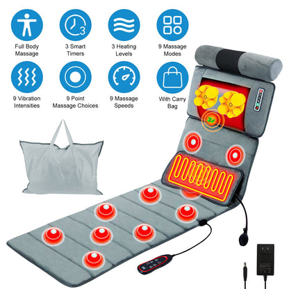 Full Body Electric Massage Mat with Heat Vibration Massage Pad Cushion Back Massage Mattress Chair Pad with Neck Massager Lumbar Pillow with 10 Vibrat
