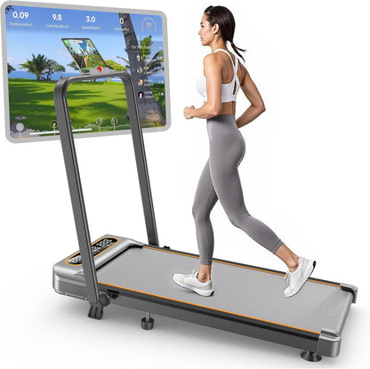 Foldable Treadmill with 8% Incline, Upgrade 3.5HP Low Noise Walking Pad Treadmill with Handle Bar, Trisomy 4 in 1 Portable Under Desk Treadmills for Home/Office, 330 Lbs Capacity, APP & Remote Control