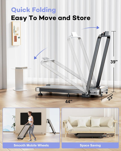 Foldable Treadmill with 8% Incline, Upgrade 3.5HP Low Noise Walking Pad Treadmill with Handle Bar, Trisomy 4 in 1 Portable Under Desk Treadmills for Home/Office, 330 Lbs Capacity, APP & Remote Control