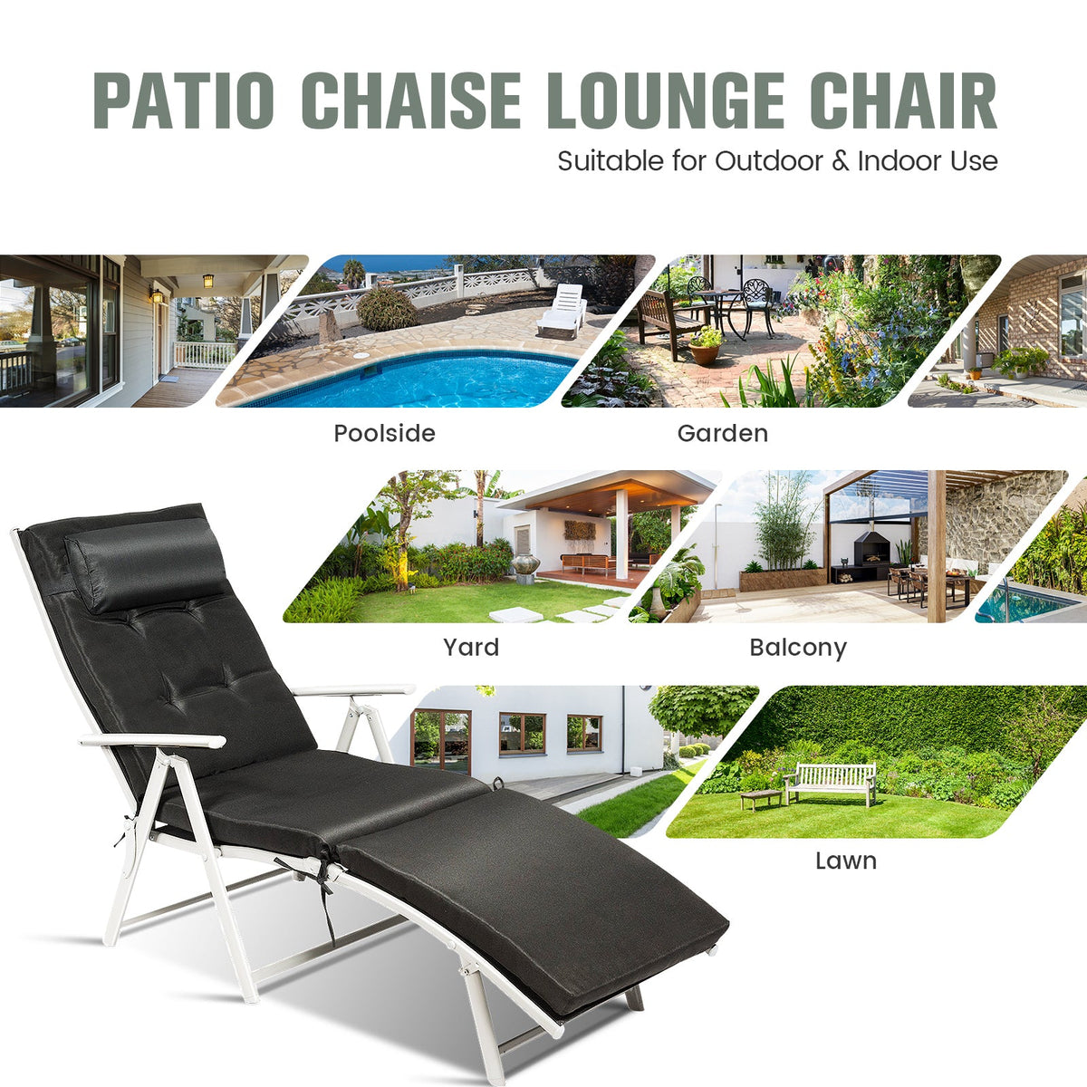 Adjustable Outdoor Lightweight Folding Chaise Lounge Chair with Pillow