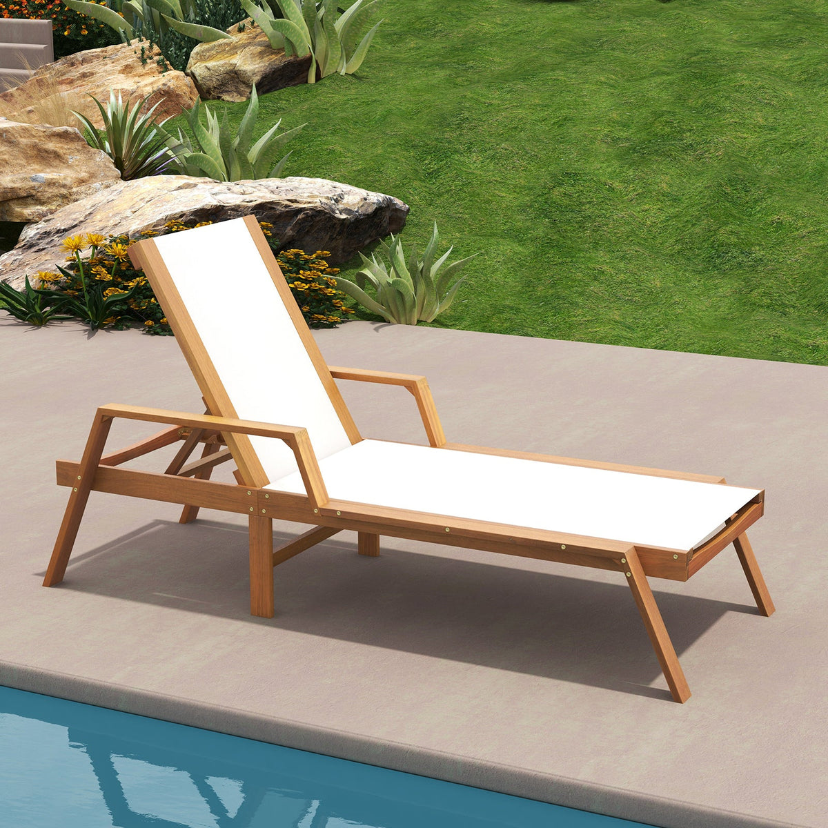 Patio Chaise Lounge Chair with Armrests and Fabric Seat for Backyard-White